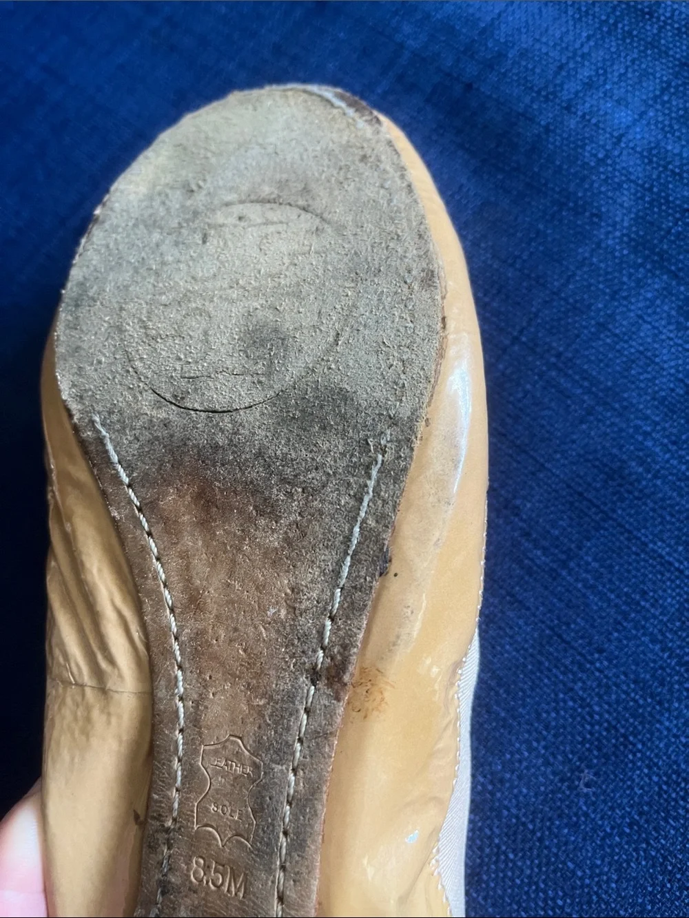 Tory Burch Two-Tone Beige Patent Leather Logo Ballet Flats